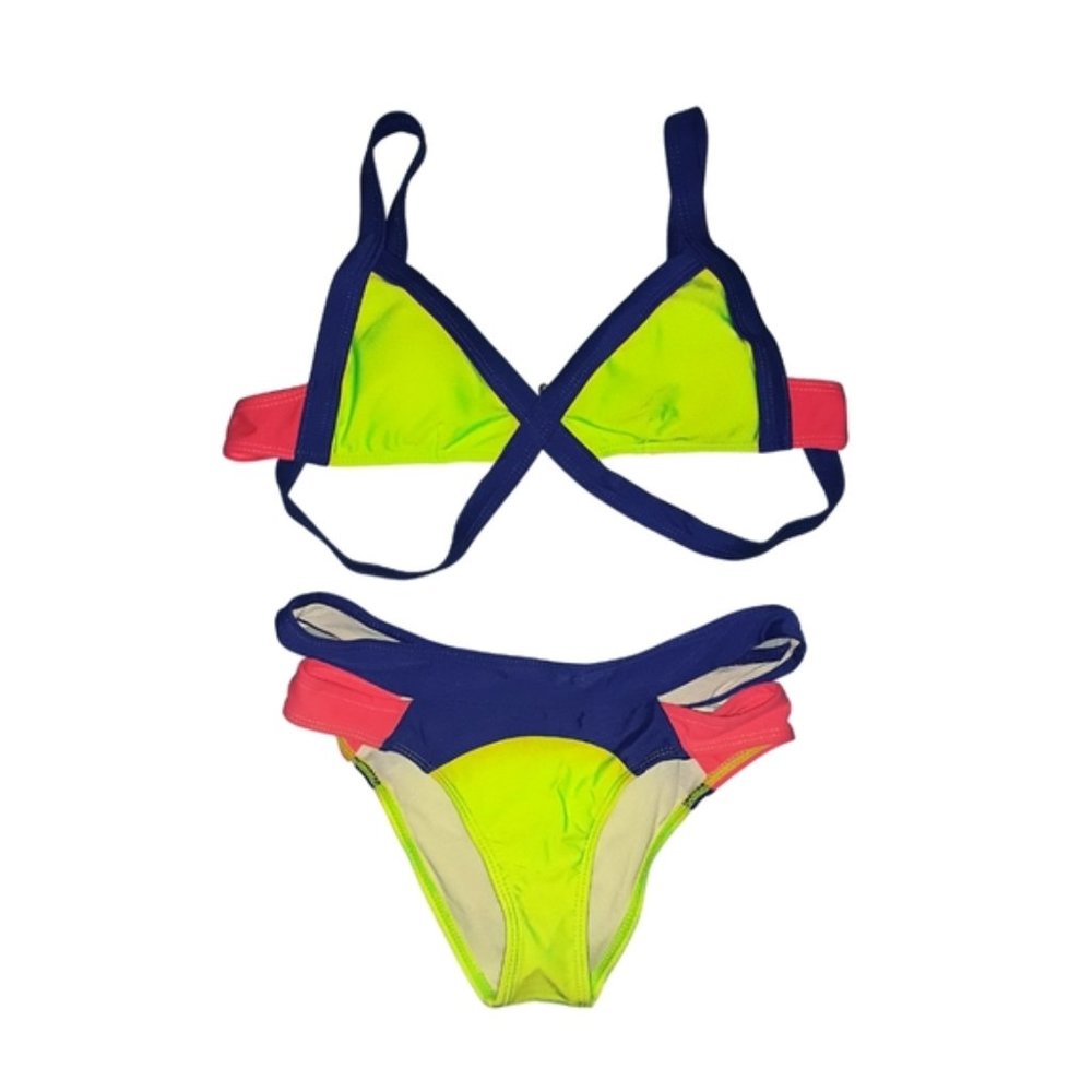 NWOT AGENT PROVOCATEUR REPLICA Strappy Cutout Neon Purple Green Coral Bikini Set - Picture 2 of 9